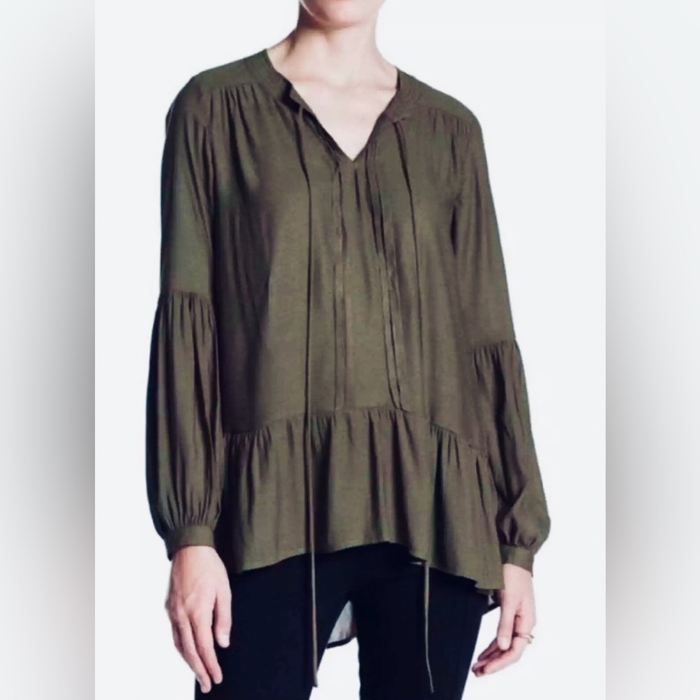 Anthropologie|RO&DE Short Sleeve Boho Tunic w Ruffle Flounce & Front Ties Olive